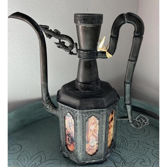 Other - Antique Chinese 1910 Swatow Pewter 8 Panel Reverse Painted Glass Teapot, NO LID